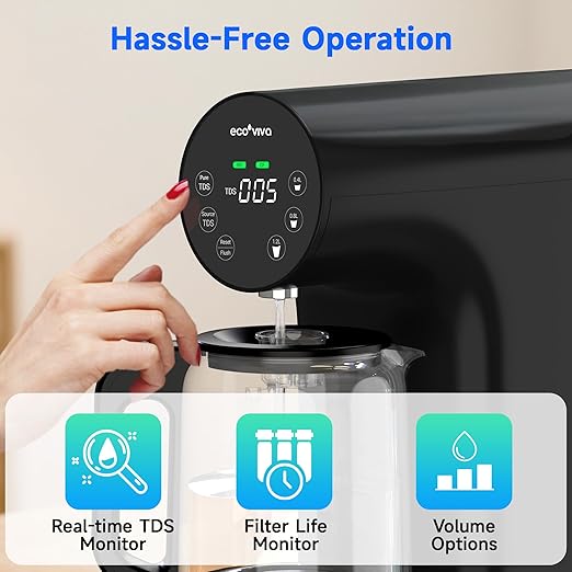 Ecoviva Countertop Reverse Osmosis Water Filter, 6 Stage RO Water Filtration System with Glass Carafe, TDS Displayr, 3:1 Pure to Drain, Portable No Installation Water Purifier Black-Ruum Studio Home