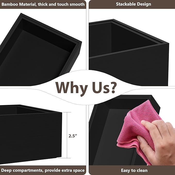 Kitchen Drawer Organizer Bins, Stackable Bamboo Drawer Organizer for Silverware, Coffee Pod Organizer K Cup Holder for Countertop, 2 Pcs Coffee Station Organizer Black 12" x 6" x 2.5"-Ruum Studio Home