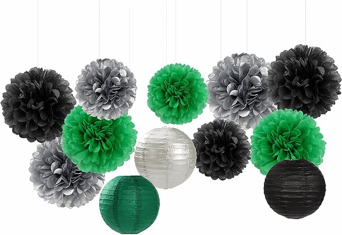 Green-Black Silver Party-Decorations Paper Flowers Lanterns - 15PCS Football Game Day Birthday Tissue Pom Poms Streamers, Bachelorette New Years Hanging Supplies Decor Hugfond-Ruum Studio Home