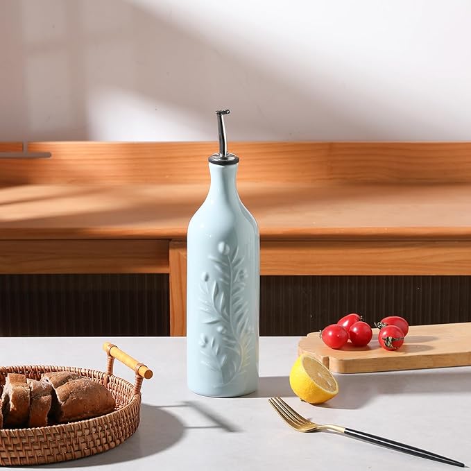 Sweejar Large Olive Oil Dispenser Bottle with Spout, 24 Oz Ceramic Oil Dispenser for Kitchen, Relief Opaque Cruet, Container for Cooking, EVOO, Vinegar, Pack of 1 (Light Blue)-Ruum Studio Home