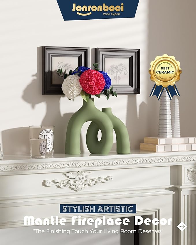 Hug Donut Decorative Vase Set - Sage Green Modern Nordic Boho Style Vases Home Decor,Matte Ceramic Decorations for Living Room Shelf, Bookshelf Mantle Entryway Table or Console Décor(Green)-Ruum Studio Home