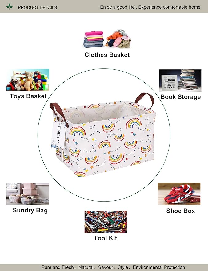 Rectangular Folding Laundry Basket, waterproof Canvas Basket,gift basket,Suitable for children's room,Office,Clothes,Toys Storage (rainbow)-Ruum Studio Home