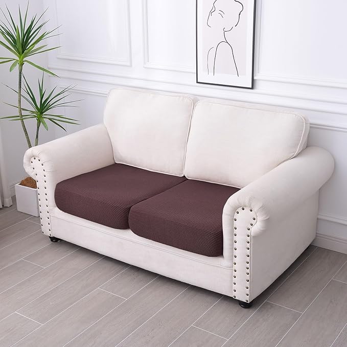 hyha Waterproof Couch Cushion Covers for Pets, Non Slip Sofa Seat Cover for Dogs Washable, Soft Thick Stretch Jacquard Fabric, Sofa Slipcovers with Elastic Bottom (2 Pieces, Chocolate)-Ruum Studio Home