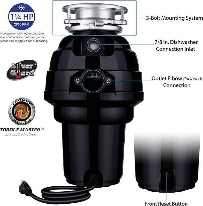 Waste Maid 10-US-WM-658-3B Garbage Disposal Anti-Jam Stainless Steel Food Waste Grinding System, 1-1/4 HP Premium, Black-Ruum Studio Home