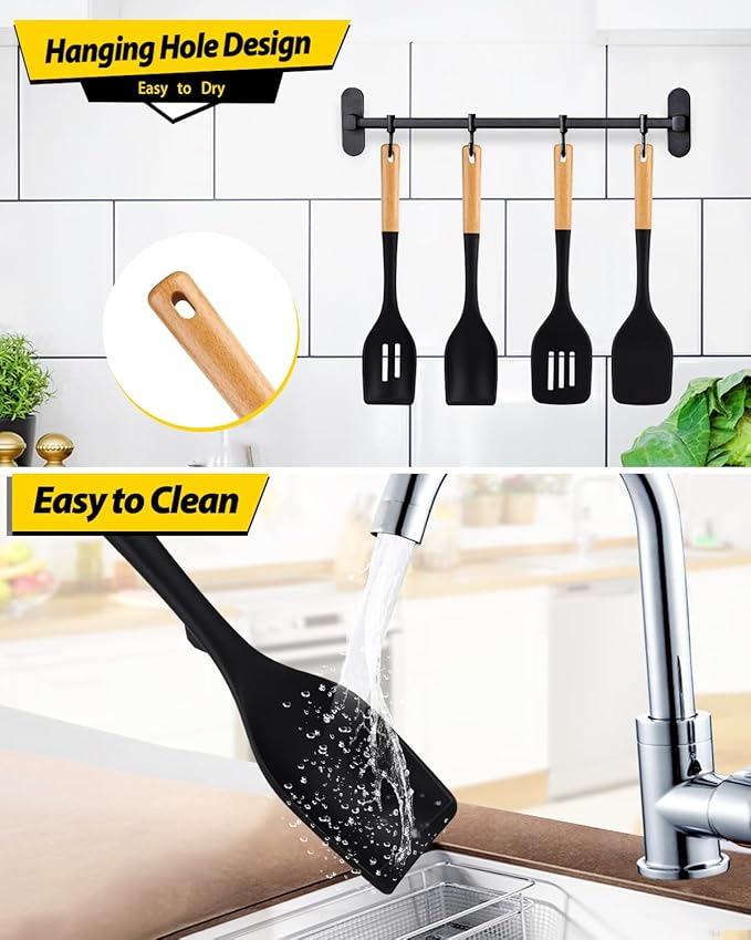Pack of 4 Silicone Kitchen Utensils Set, Non Stick Solid Spatulas and Heat Resistant Slotted Spoons with Wooden Handle, Ideal BPA Free Cooking Utensils for Mixing,Serving,Turning,Stirring(BLACK)-Ruum Studio Home