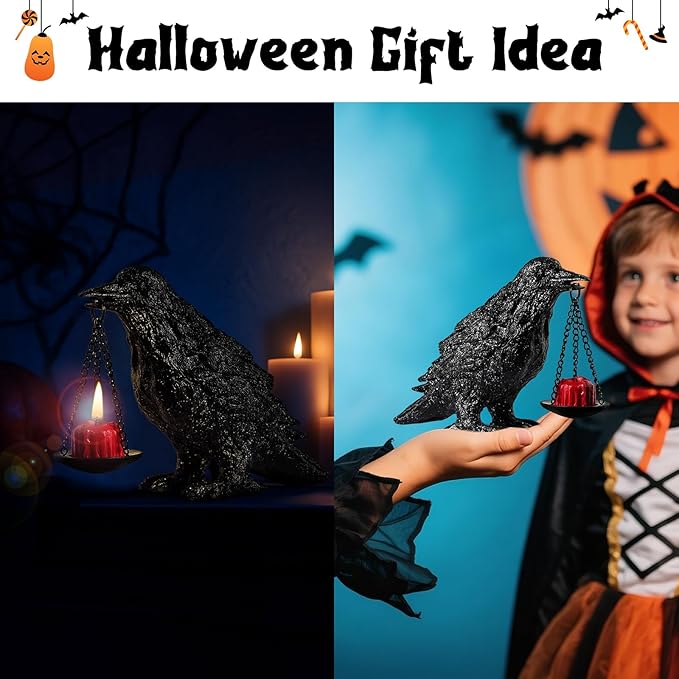 Gothic Crow Lamp Tealight Candle Holder Raven Statue for Indoor Outdoor Decor Halloween Garden Resin Statue Black Stone-Ruum Studio Home