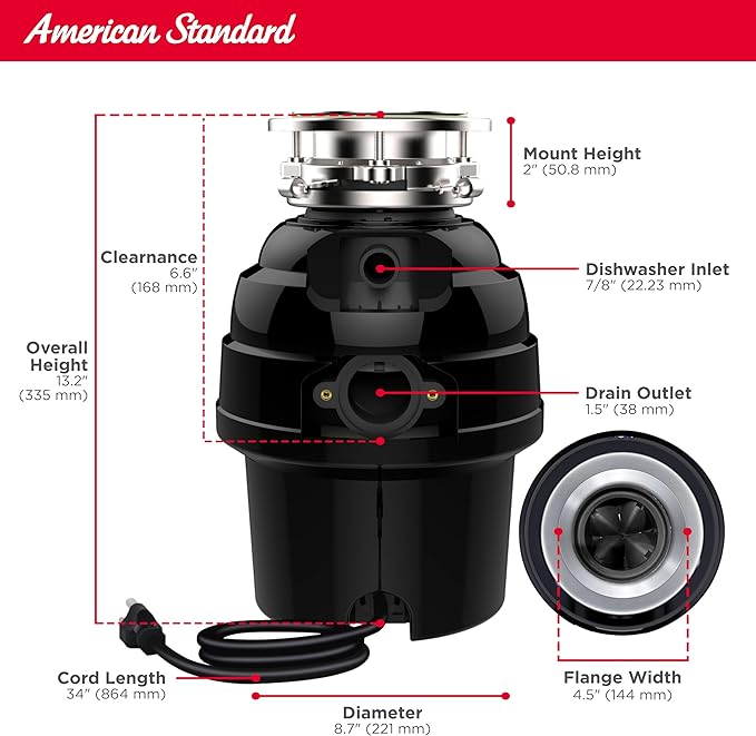American Standard 10-US-AS-5-HD Garbage Disposal Anti-Jam Stainless Steel Food Waste Grinding System, Heavy Duty, 1/2 HP, Black-Ruum Studio Home