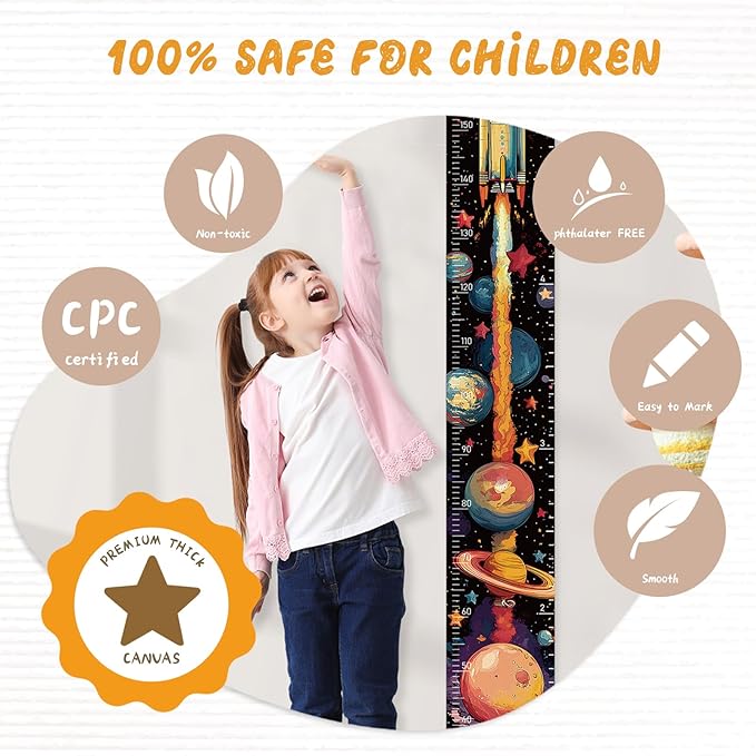 Personalized Name Growth Chart Wall Decor for Kids – Canvas Removable Height Chart Measuring Ruler 59" x 7.9" (Rocket)-Ruum Studio Home