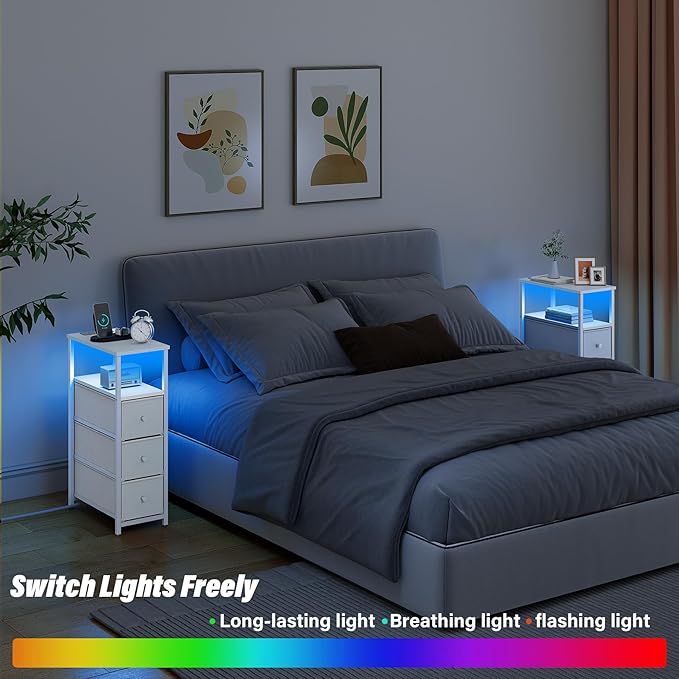 TUTOTAK Narrow LED Night Stand with Charging Station, Slim End Table with Plugins, Tall Side Table with 3 Fabric Drawer, Small Bedside Table with Storage, Set of 2, for Living Room, White TB01BW073L