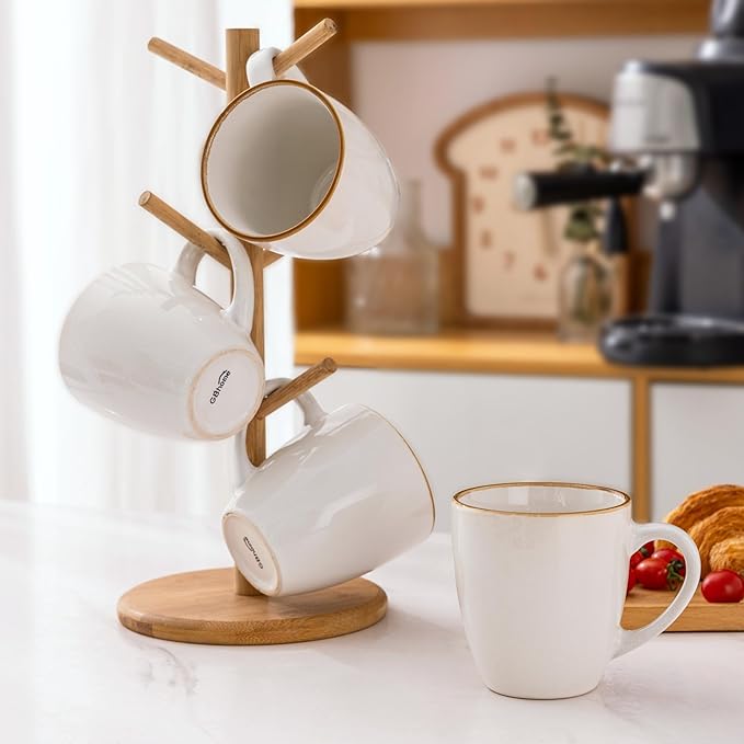 GBHOME Ceramic Coffee Mugs Set of 6, 12oz Stoneware Coffee Mugs Set For Dad Mom Women MEN, Light Weight Ceramic Coffee Cups for Latte/Tea/Beer/Hot Cocoa, Dishwasher & Microwave Safe-Pearl White-Ruum Studio Home