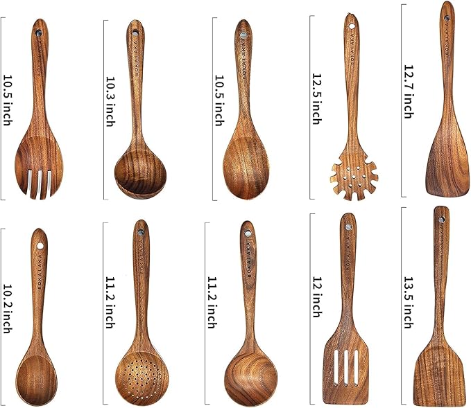 Wooden Spoons for Cooking,10 Pcs Natural Teak Wooden Cooking Utensils Wooden Kitchen Utensils Set Wooden Utensils for Cooking Wooden Spatulas for Cooking-Ruum Studio Home