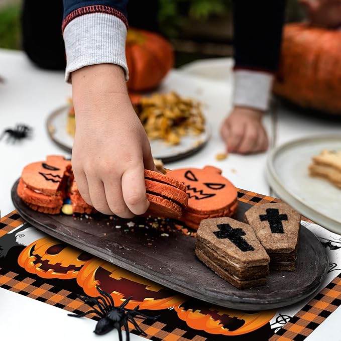 Honoson 100 Pieces Halloween Placemats Happy Halloween Fall Pumpkin Placemats Paper Halloween Place Mats Spooky Ghost Buffalo Plaid Kitchen Mat Double Sided Dinner Table Mats, 14 x 10 Inch-Ruum Studio Home