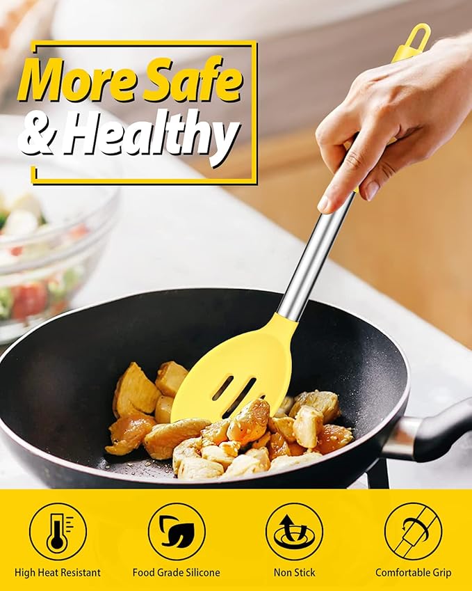 Pack of 2 Large Silicone Cooking Spoons,Non Stick Solid Basting Spoon,Heat-Resistant Kitchen Utensils for Mixing,Serving,Draining,Stirring (YELLOW)-Ruum Studio Home