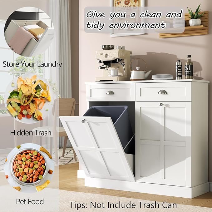 Loomie Double Tilt Out Laundry Hamper Cabinet, Hidden Laundry Cabinet with 2 Drawers & 2 Baskets, 30 Gallon Trash Can for Bathroom, Kitchen, White-Ruum Studio Home