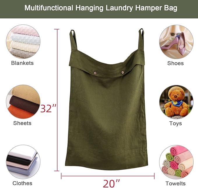 Linen Hanging Laundry Bag, 100% Linen Over The Door Laundry Hamper with Buttons and Zipper, Space Saving Door Hampers for Laundry Dirty Clothes Home Travel, Green-Ruum Studio Home