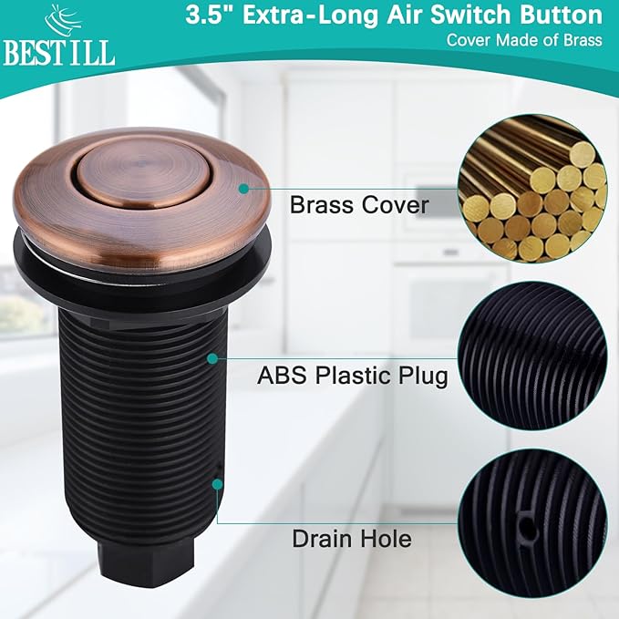 BESTILL Garbage Disposal Air Switch Kit - UL Listed, Cordless Sink Top Switch Button for Waste Disposer, Long Push Button with Brass Cover, Antique Copper, Compatible with all Garbage Disposals-Ruum Studio Home