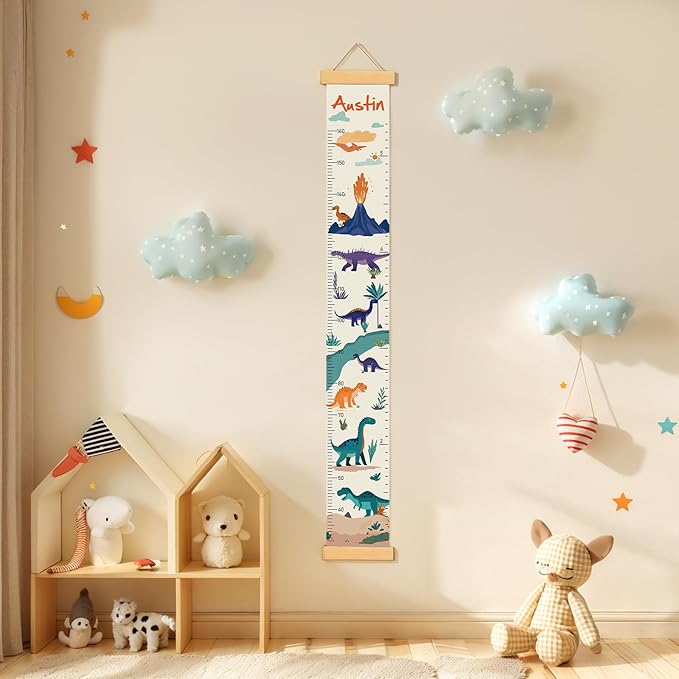 Personalized Name Growth Chart Wall Decor for Kids – Canvas Removable Height Chart Measuring Ruler 59" x 7.9" (Dinosaurs)-Ruum Studio Home