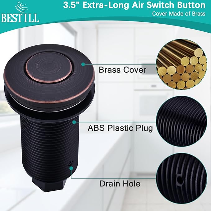 BESTILL Garbage Disposal Air Switch Kit-UL Listed, Cordless Sink Top Switch Button for Waste Disposer, 3.6" Long Push Button with Brass Cover, Oil Rubbed Bronze, Compatible with all Garbage Disposals-Ruum Studio Home