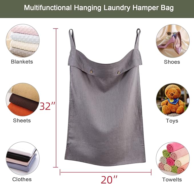 Linen Hanging Laundry Bag, 100% Linen Over The Door Laundry Hamper with Buttons and Zipper, Space Saving Door Hampers for Laundry Dirty Clothes Home Travel, Grey-Ruum Studio Home