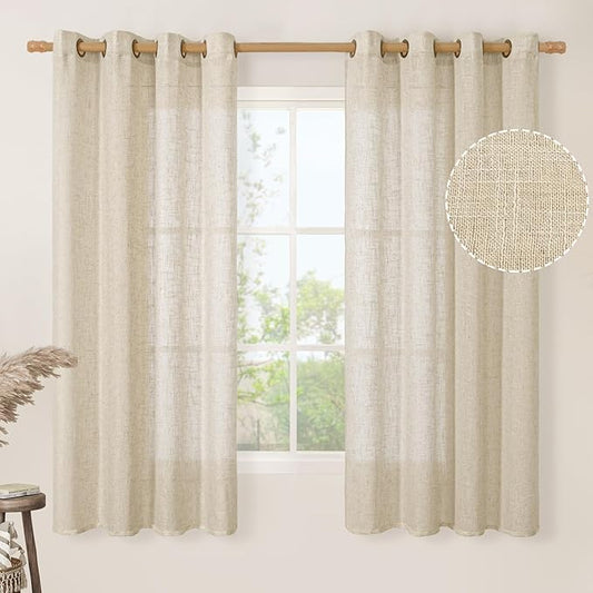 LAMIT Light Filtering 63 inch Length Sheer Curtains, Soft Semi Sheer Linen Textured Bronze Grommet Neutral Boho Drapes for Living Room/Bedroom, 2 Panels Set, 52 x 63 Inch, Linen-Ruum Studio Home