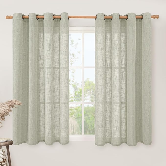 LAMIT Sage Grey Sheer Linen Curtains 54 Inch Length for Bedroom, Bronze Grommet Light Filtering Panels Neutral Drapes for Living Room/Window, 2 Panels Set, 52 x 54 Inch-Ruum Studio Home
