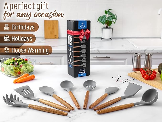 Zulay Kitchen Utensils Set Non-Stick Silicone Cooking Utensils Set with Authentic Acacia Wood Handles - 8 Piece Set - Silicone Kitchen Utensils Set with 464°F Heat Resistance - Gray-Ruum Studio Home