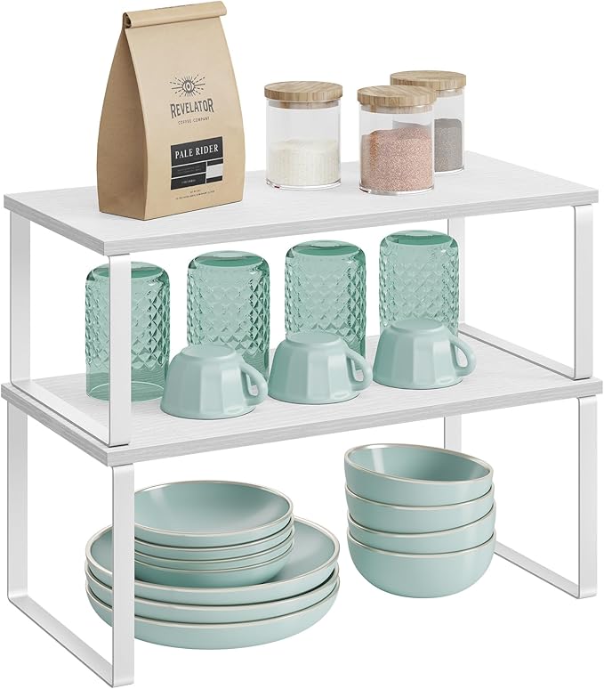 SONGMICS Cabinet Organizer Shelf, Set of 2 Kitchen Counter Shelves, Kitchen Storage, Spice Rack, Stackable, Expandable, Metal and Engineered Wood, Cloud White and Snow White UKCS025W01-Ruum Studio Home