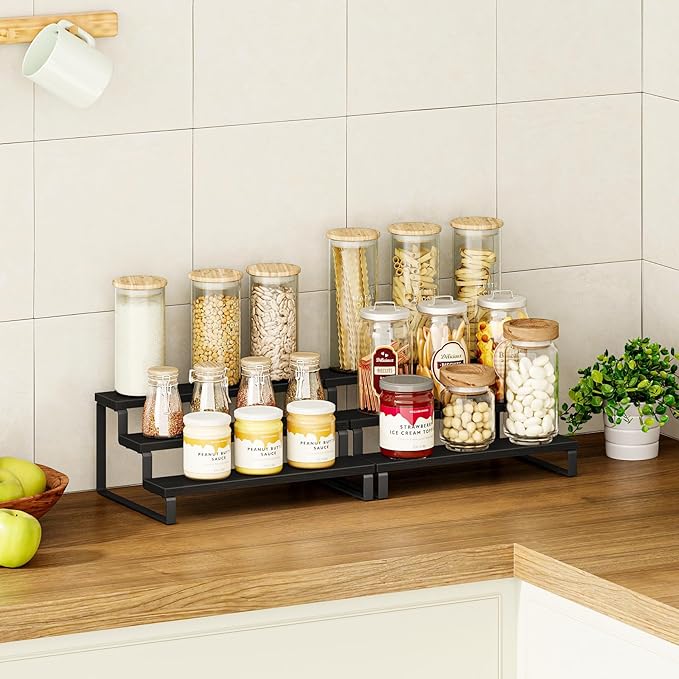 Giikin 3 Tier Spice Rack, Set of 2 Wooden Spice Rack for Countertop, Cabinet Organizer Shelf Kitchen Counter Storage Shelves Cupcake Stand Holder Display Stand, Black-Ruum Studio Home