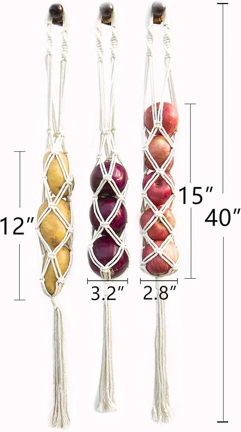 Decocove Hanging Fruit Basket - Boho Basket for Potato, Onion and Fruit Storage - Boho Wall Hanging Decor for Kitchen - Macrame Wall Hanging Basket - Set of 3-Ruum Studio Home