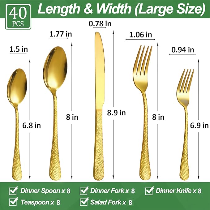 40 Pcs Gold Silverware Set for 8 with Hammered Design, Food Grade Stainless Steel Flatware Set, Eating Utensils Sets Include Fork/Knife/Spoon, Cutlery Set, Dishwasher Safe-Ruum Studio Home