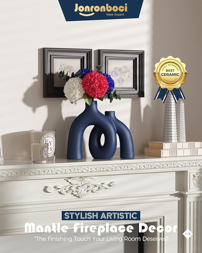 Matte Blue Vase Set - Hug Hollow Donut Aesthetic Ceramic Vases Home Decor, Navy Blue Decor Modern Coastal Decorative Vase for Table Centerpiece Bookshelf Office Entryway Console Fireplace (Navy Blue)-Ruum Studio Home