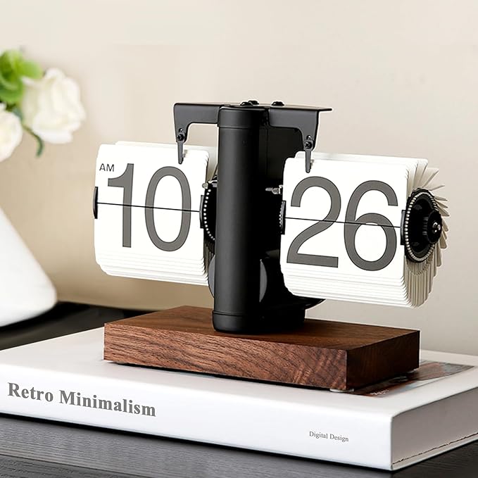 Flip Desk Clock, Retro Vintage Flip Desk Table Clock, Digital Sided Large Numbers Mechanical Flip Clock Wood Base for Living Room, Study Room and Office(Black)