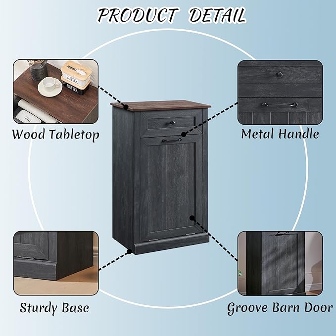 Tilt Out Laundry Hamper Cabinet, 10 Gallon Farmhouse Trash Can Cabinet with Drawer, Hidden Wood Garbage Can Bin Cabinet with Laundry Storage Basket for Bathroom, Kitchen, Dark Grey-Ruum Studio Home