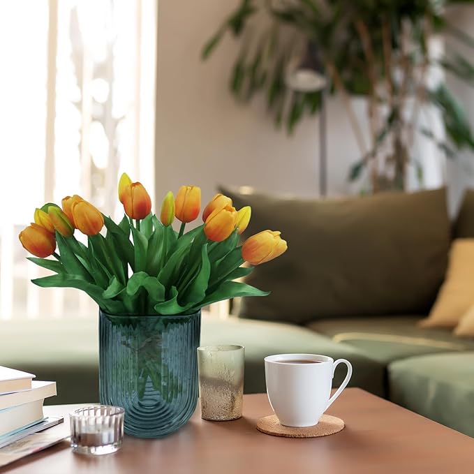 15pcs Artificial Tulips Flowers, Fake Tulips Real Touch, Faux Latex Bouquets, for Party Wedding Home Room Decoration (Orange)-Ruum Studio Home