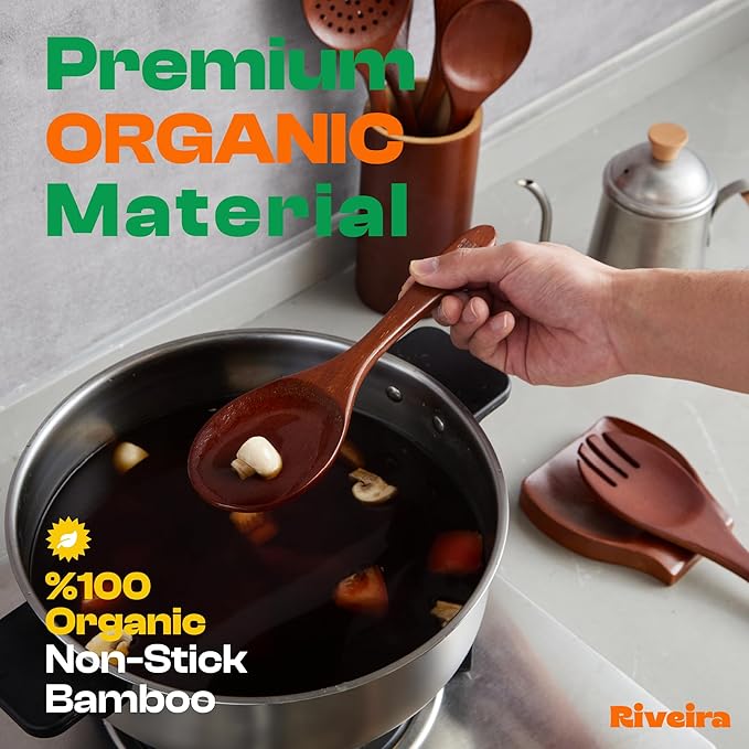 Riveira Set of 6 Premium Brown Bamboo Cooking Utensils - Bamboo Utensils for Cooking - Non-Toxic Kitchen Set - Wooden Kitchen Utensils for Non-Stick Cookware-Ruum Studio Home
