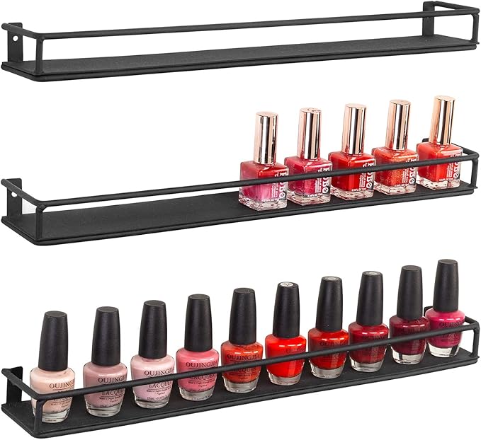 MyGift Set of 3 Wall-Mounted Black Metal Nail Polish and Essential Oils Display Shelves, Kitchen Spice Jars Rack-Ruum Studio Home