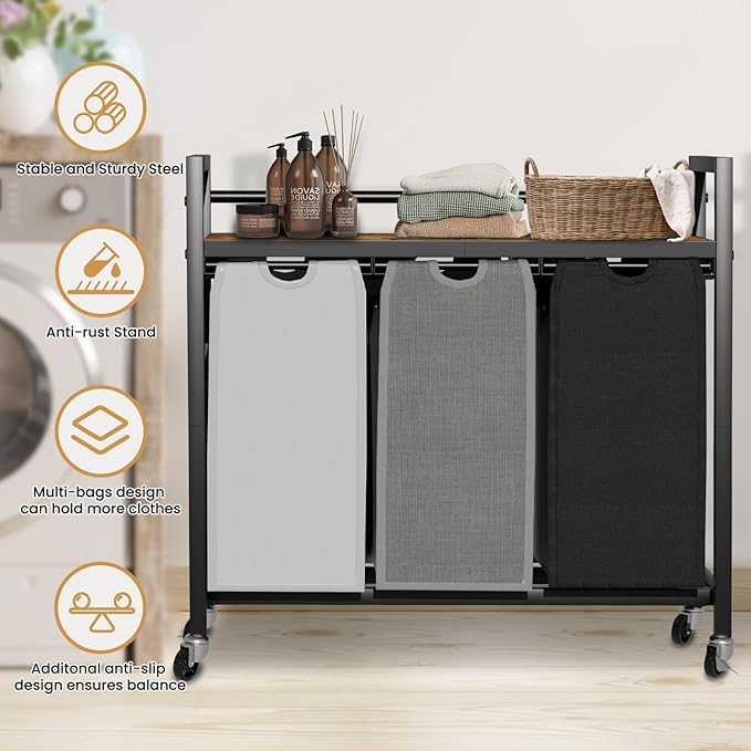 Laundry Hamper, Laundry Basket, Laundry Sorter with 3 Removable Bags, Clothes Basket with 3 Compartments, Wheels, Shelf for Laundry Room Bathroom Bedroom (3 Bags-Black Grey White)-Ruum Studio Home