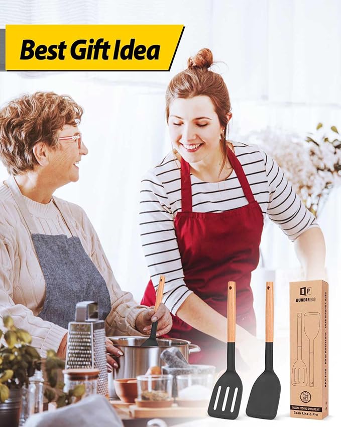 Pack of 2 Silicone Cooking Spatula, Heat Resistant Solid Turner, Non Stick Slotted Spatulas with Wooden Short Handle,Ideal Wood Kitchen Utensils Set for Frying, Baking, Flipping, Turning-Ruum Studio Home