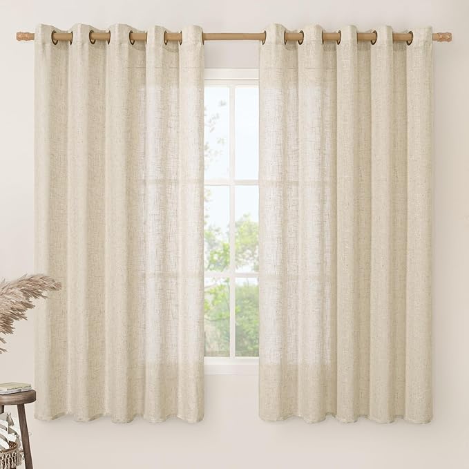 LAMIT Linen Curtains 63 inch Length for Living Room, Flax Textured Light Filtering Boho Semi Sheer Window Textured Modern Drapes with Bronze Grommet for Bedroom, 2 Panels Set, 60 x 63 Inch, Linen-Ruum Studio Home