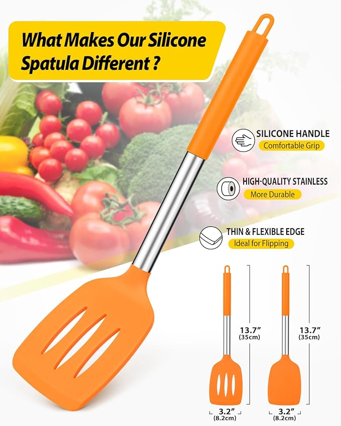 Pack of 2 Silicone Solid Turner, Non Stick Slotted Kitchen Spatulas, High Heat Resistant BPA Free Cooking Utensils, Ideal Cookware for Fish, Eggs, Pancakes (ORANGE)-Ruum Studio Home