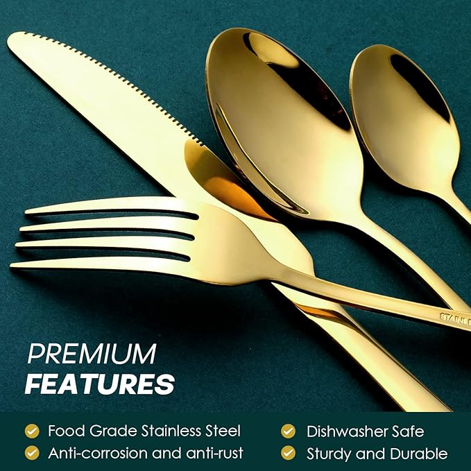 Gold Silverware Set, OGORI 24-Piece Food Grade Stainless Steel Gold Flatware Set, Kitchen Utensil Set Service for 6, Mirror Polished Tableware Cutlery Set for Home and Restaurant, Dishwasher Safe-Ruum Studio Home