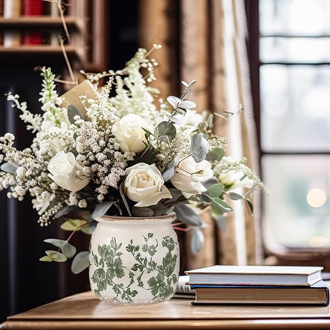 Vintage Planter Large Ceramic Plants Pot Beige Green Vintage Floral Ice Crack Cottage Scroll Vase Flower Vase Pot Indoor Plants Home Kitchen Decor Farmhouse Antique Decorative Gifts-Ruum Studio Home