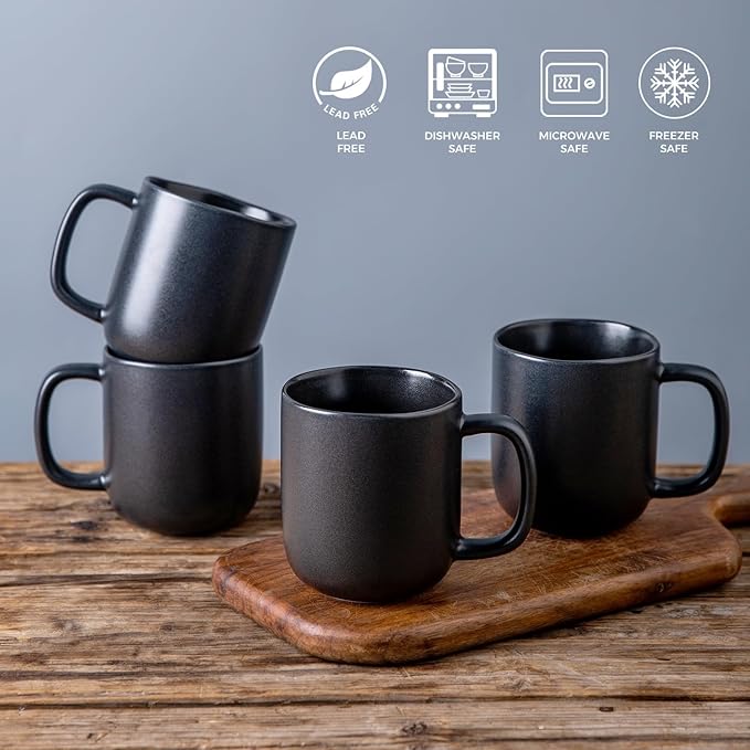 AmorArc 14oz Coffee Mugs Set of 6, Ceramic Coffee Mugs with Large Handle & Wavy Rim for Latte/Hot Cocoa/Tea, Stylish Coffee Mugs for Men Women. Oven,Dishwasher&Microwave Safe, Matte Black-Ruum Studio Home