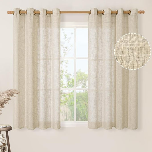LAMIT Linen Curtains 45 Inch Length 2 Panels Set for Bedroom, Light Filtering Semi Sheer Neutral Short Decorative Window Drapes with Bronze Grommet for Kitchen, 52 X 45 Inch, Linen-Ruum Studio Home