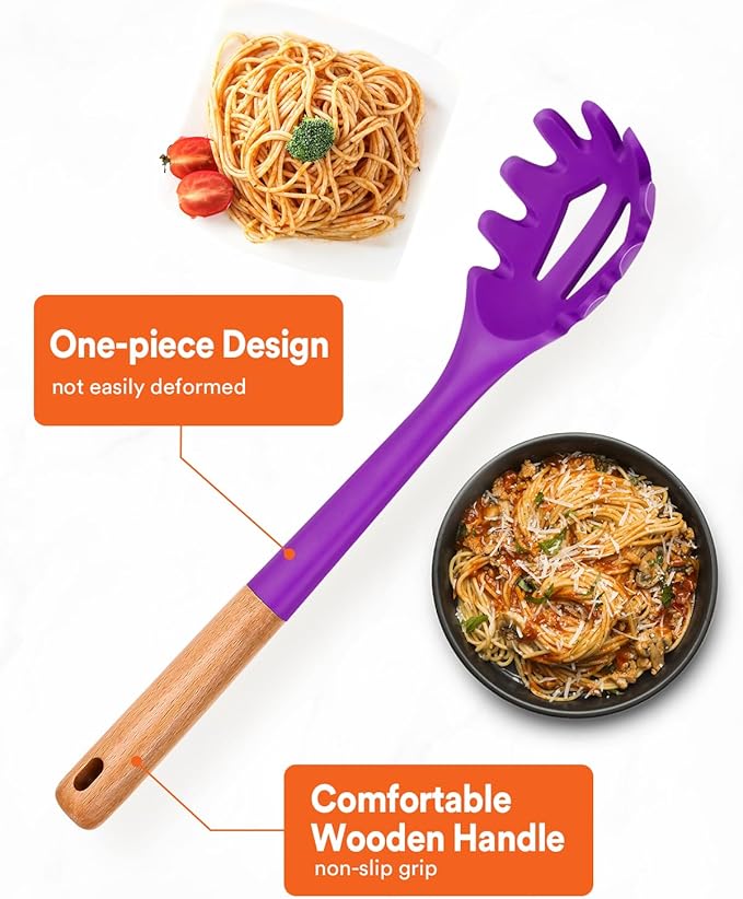 Silicone Pasta Fork, Kitchen Heat Resistant Noodle Spoon Server, BPA Free Spaghetti Strainer,12.8 inch (BERRY)-Ruum Studio Home