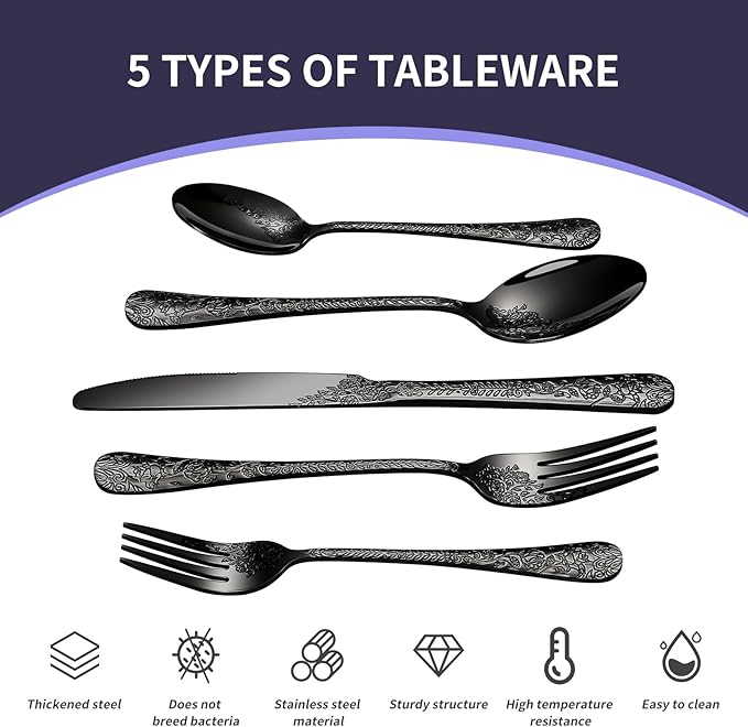 Floral 40 Pcs Black Silverware Set for 8, Food Grade Stainless Steel Flatware Set with Rose Flower Embossed Design, Eating Utensils Sets Include Fork/Knife/Spoon, Reusable Cutlery Set, Dishwasher Safe-Ruum Studio Home