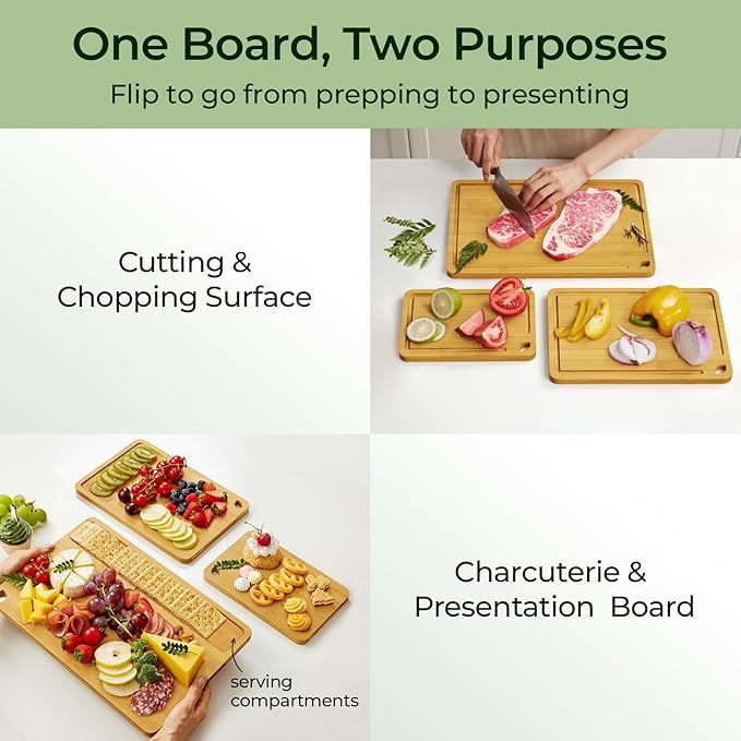 Wood Cutting Board for Kitchen - Reversible Bamboo Cutting Boards Gift Set of 3 with Juice Groove, Wooden Chopping Board for Meat, Fruit, Vegetables & Cheese (Pre Oiled, Natural)-Ruum Studio Home