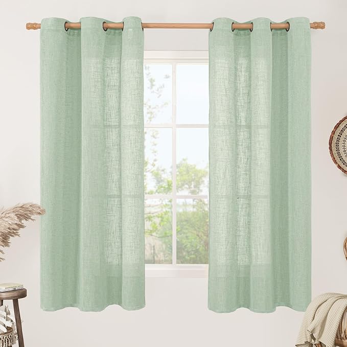 LAMIT Fresh Green Linen Sheer Curtains 63 Inch Length for Bedroom, Light Filtering Panels with Bronze Grommet for Living Room Faux Linen Textured Spring Decor Drapes, 2 Panels, 34 X 63 Inch-Ruum Studio Home