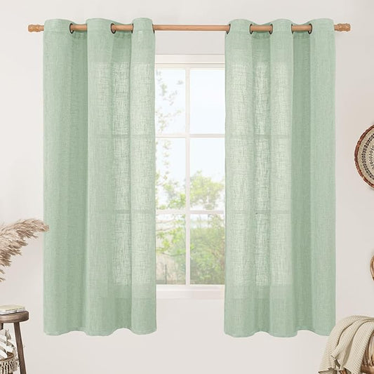LAMIT Fresh Green Linen Sheer Curtains 63 Inch Length for Bedroom, Light Filtering Panels with Bronze Grommet for Living Room Faux Linen Textured Spring Decor Drapes, 2 Panels, 34 X 63 Inch-Ruum Studio Home