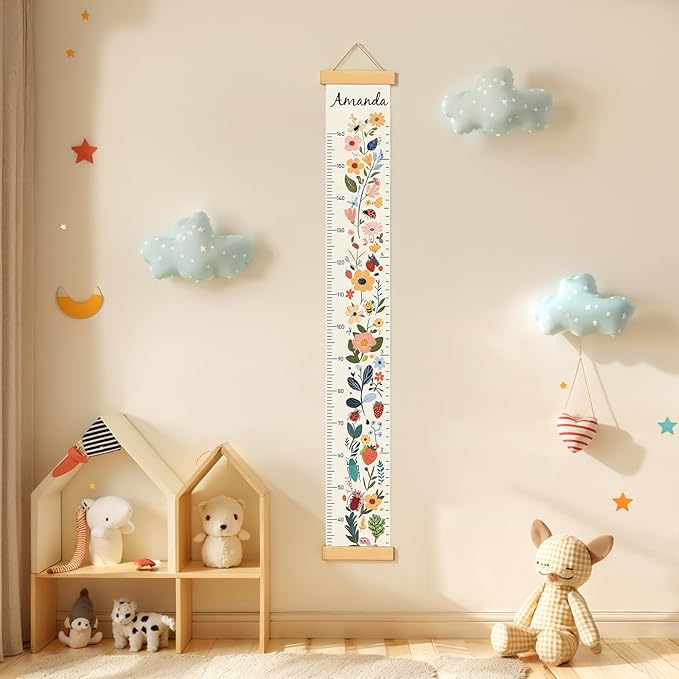 Personalized Name Growth Chart Wall Decor for Kids – Canvas Removable Height Chart Measuring Ruler 59" x 7.9" (Flowers)-Ruum Studio Home